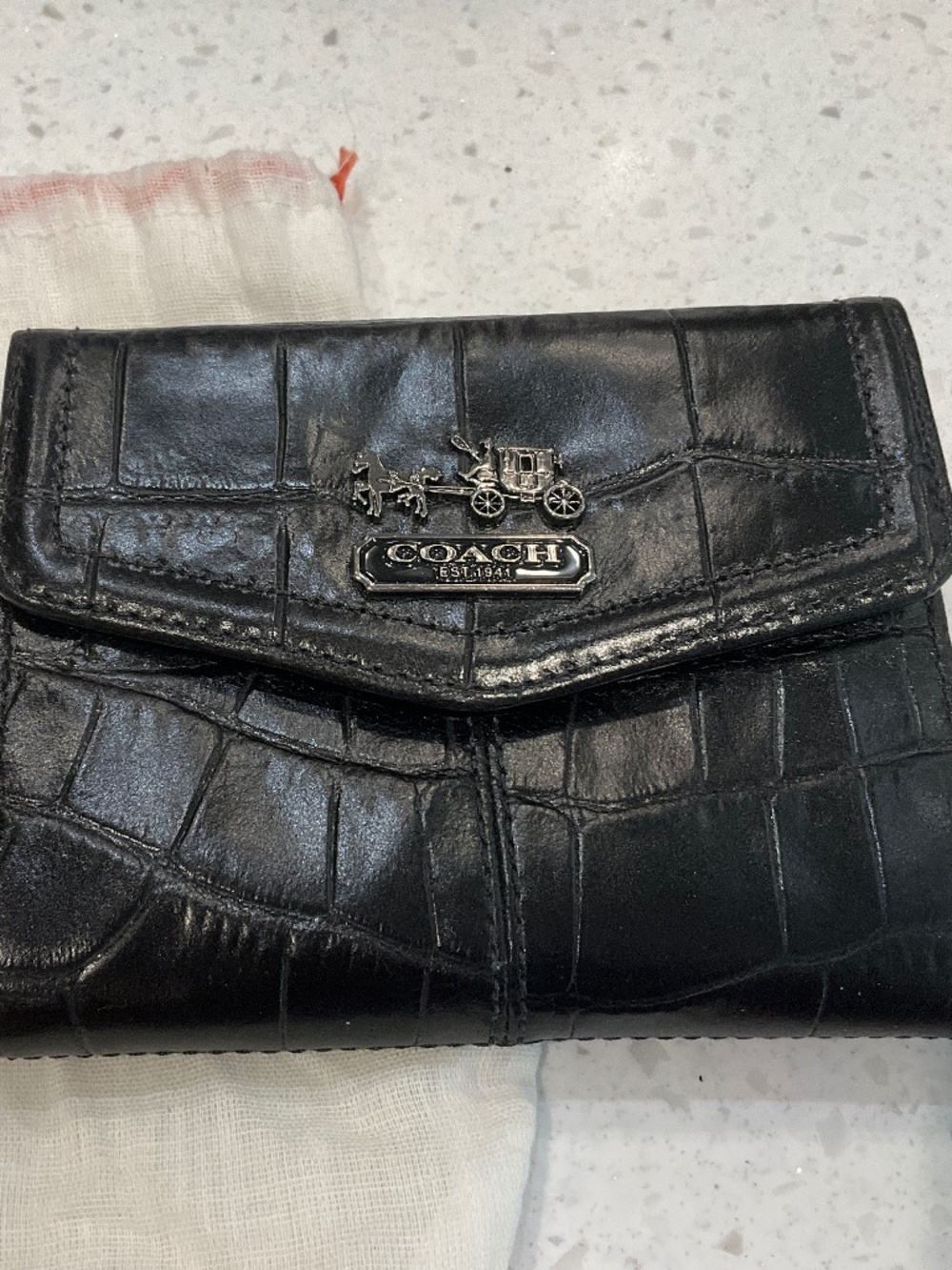 Coach Black Croc Embossed Leather Trifold Wallet w/ Zip Coin Pocket